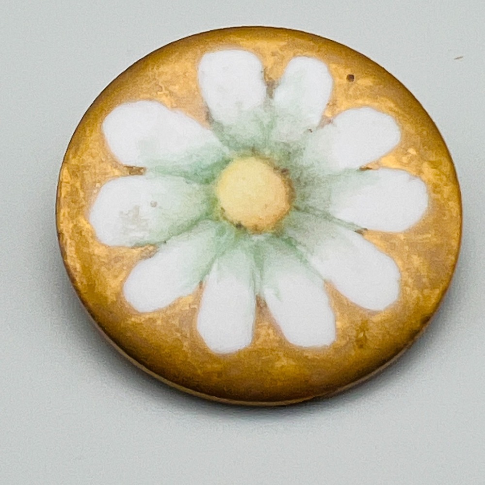 Vintage Handmade Brooch Floral Round Porcelain Daisy Yellow White Pinback